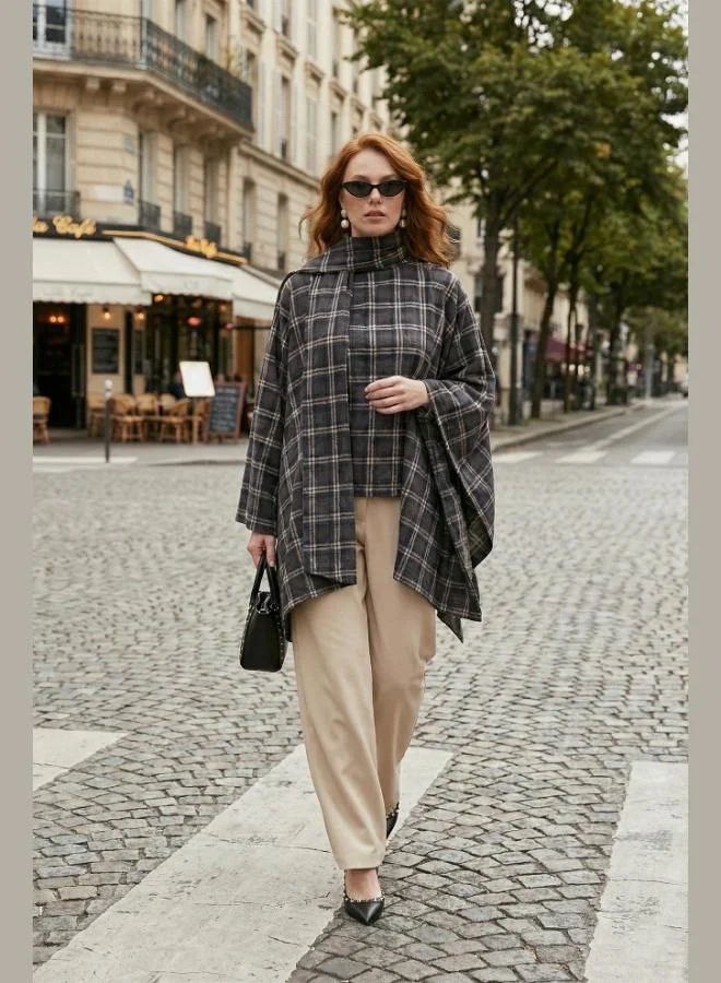 Lela Lela Plaid Cotton Oversize Fit Scarf Collar Poncho for Women 6925472